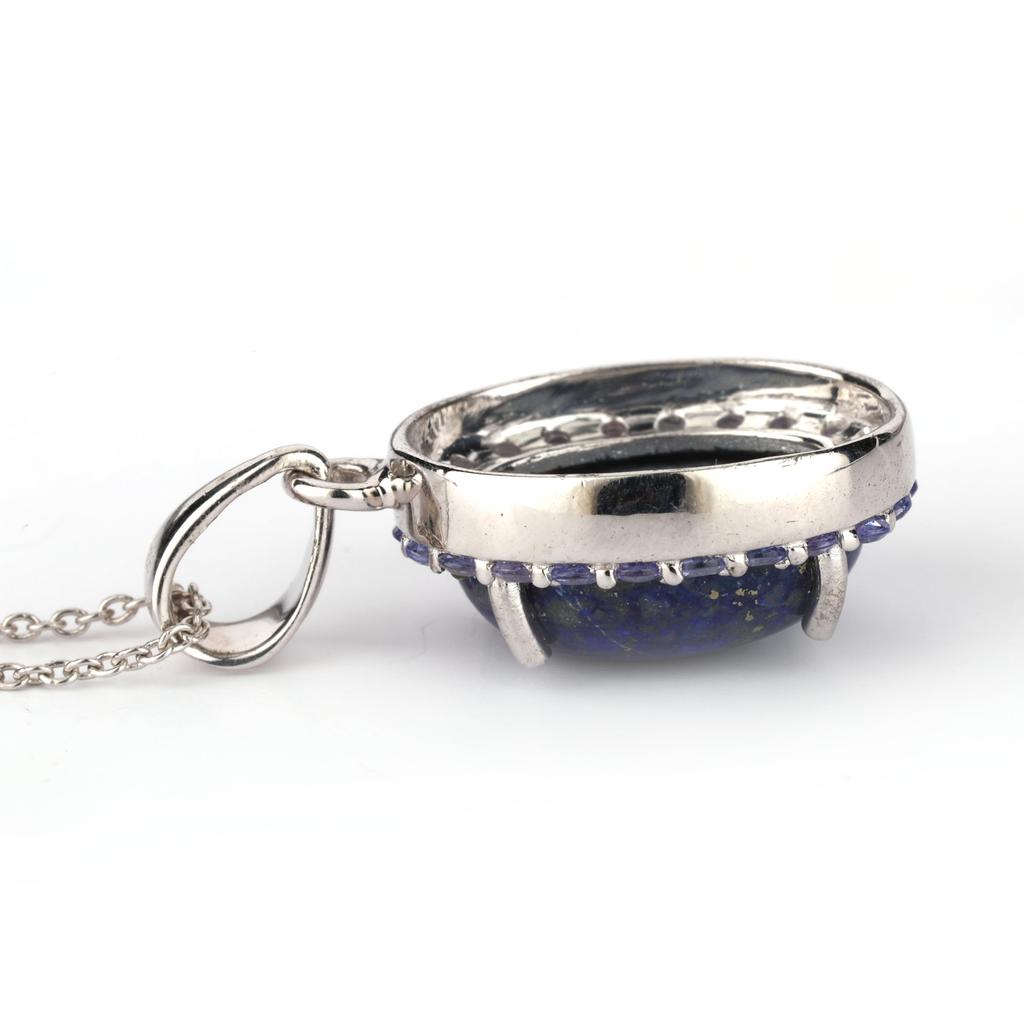 925 Sterling Silver Lapis Lazuli Pendant with Tanzanite Accents Oval 16x12mm Rhodium Fine Jewelry Gift for Her