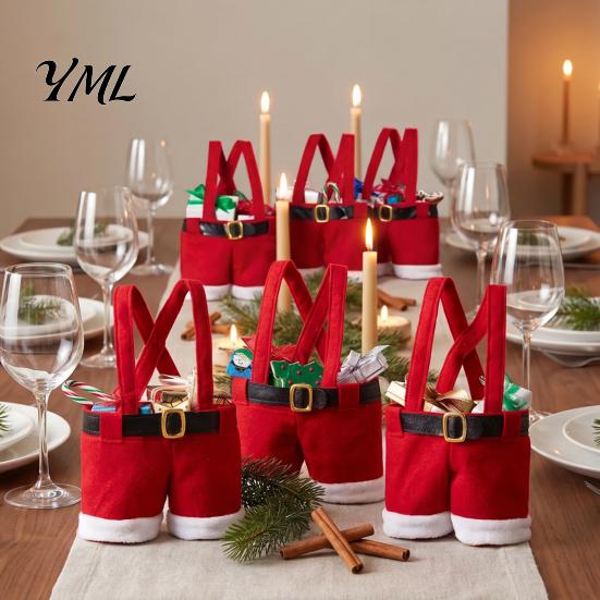 Holiday Window Display Props Christmas Santa Pants Gift Bag, Red Plush Candy Tote with Handles Eve Holders for Wine Bottle, Party Favor Wrapping, Xmas