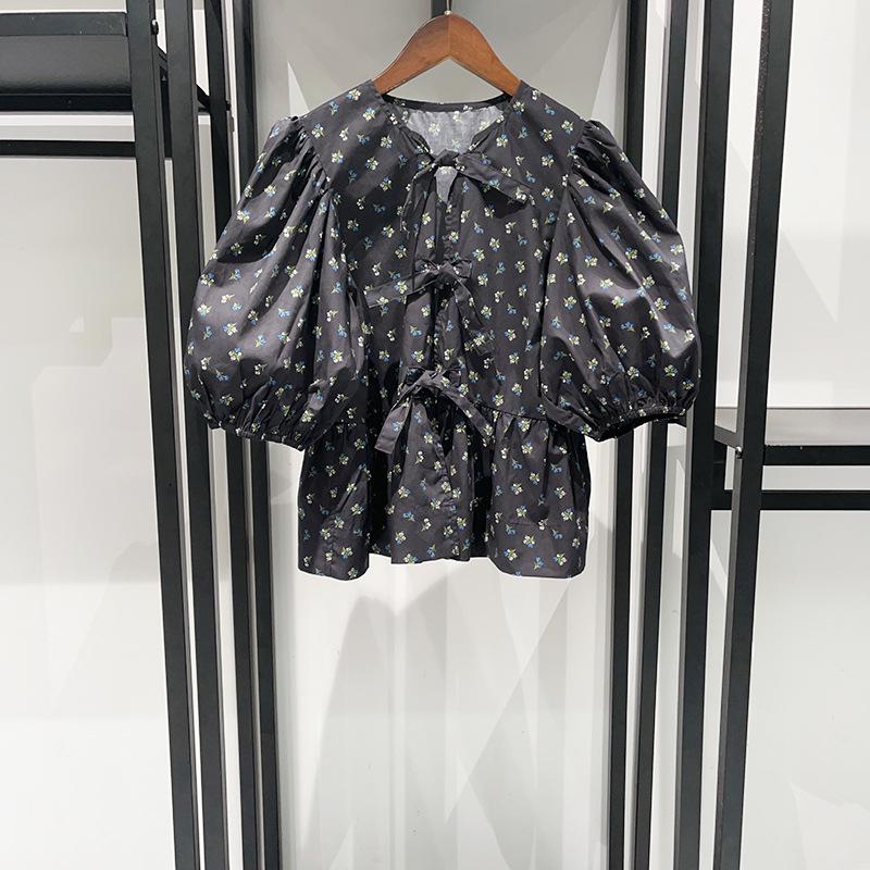 French Niche Spring/Summer 2026 Floral Puff Sleeve Top & Lace-up Long Skirt Set L