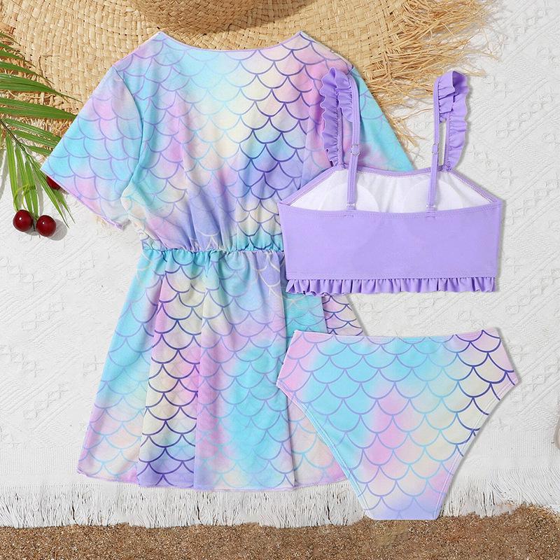2025 Girls' Three-Piece Swimsuit Set - Split Swimwear & Cover-Up for Kids