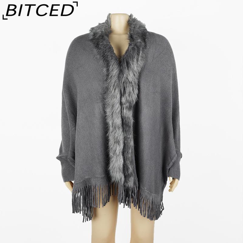 BITCED Fall/Winter Fringe Cape Shawl with Fur Collar Solid-Color Knit Sweater Jacket