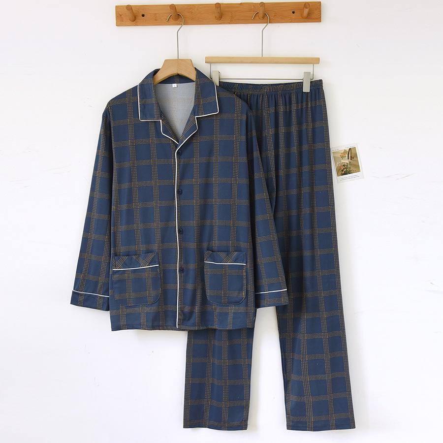 Men's Loose-Fit Pure Cotton Pajama Set: Long Sleeve Cardigan & Pants for Spring/Autumn