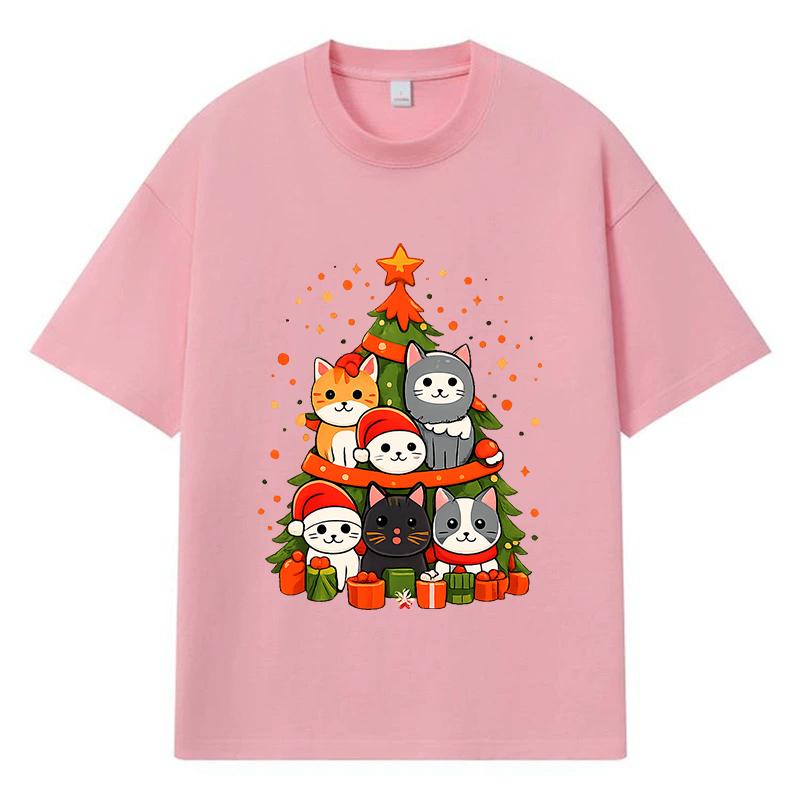 2026 Christmas Tree with Cats Printed Graphic Y2k Harajuku Streetwear 100% Cotton T Shirt Casual Oversized Summer Men T-shirt
