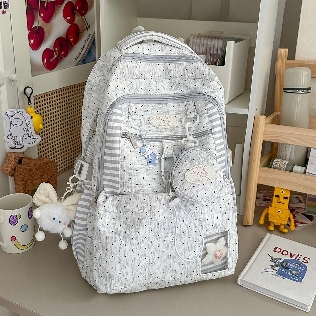 Schoolbag New Student Schoolbag Cartoon Cute Polka Dot Backpack Female Junior High School Student Backpack Large Capacity Campus Schoolbag