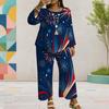 Women Plus Size Round Neck Long Sleeve Firework Star Printed Layered Top Wide Leg Cropped Pants Two Piece Set
