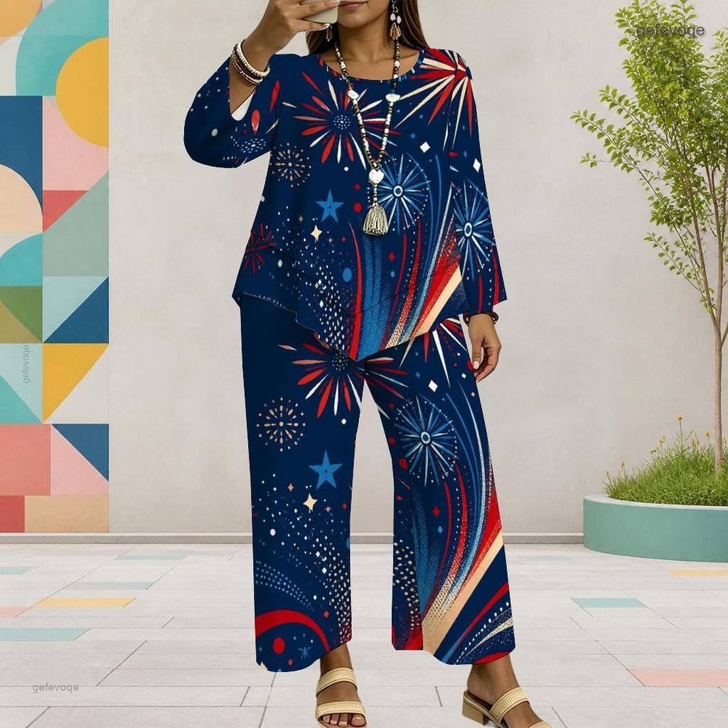 Women Plus Size Round Neck Long Sleeve Firework Star Printed Layered Top Wide Leg Cropped Pants Two Piece Set