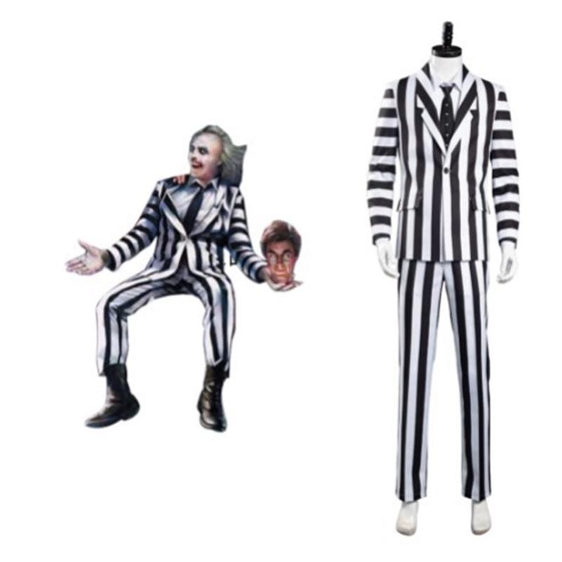 Costume Cosplay Beetlejuice Black And White Striped Suit Halloween Party Prop