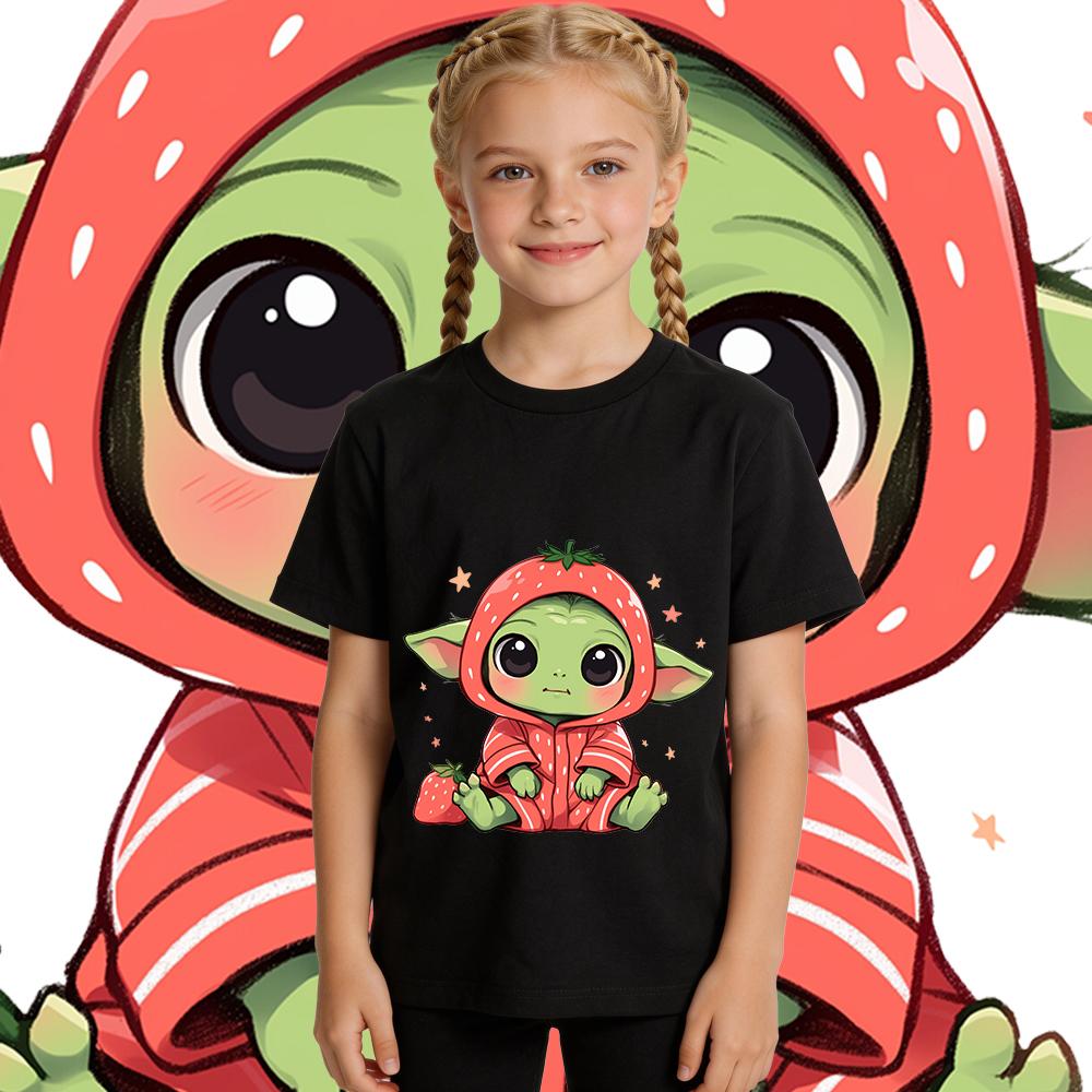 Star Wars Baby Yoda Strawberry Print Girls Cotton T Shirt Casual Summer Top Kids Toddler Clothing Cute