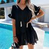 Women's Fashionable Temperament Solid Color V-neck Short Sleeved Dress