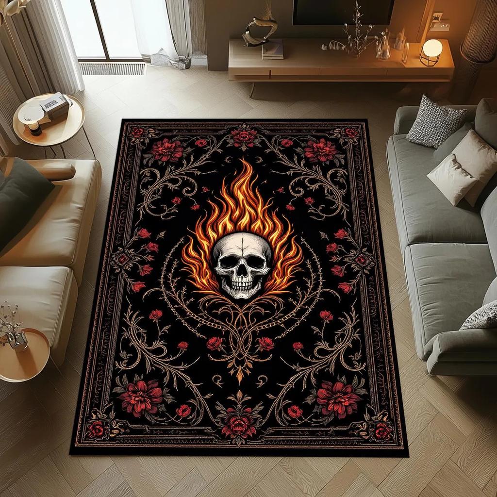 Gothic Bat Rug, Floral Vampire Carpet, Black Purple Rose Living Room Rug, Area Rug, Washable Rug, Non Slip Floor Mat