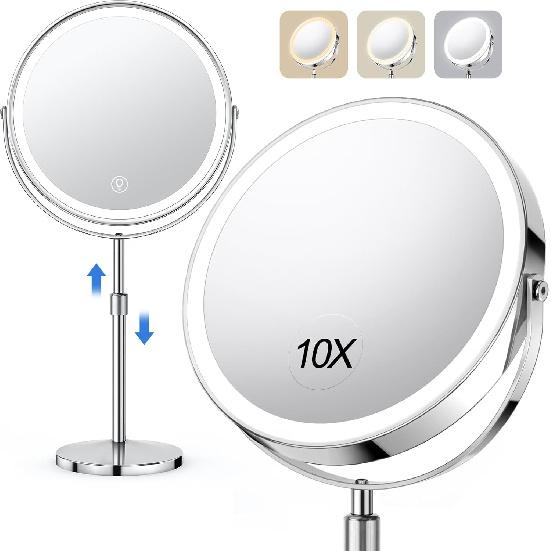 Lighted Makeup Mirror, Rechargeable Height Adjustable Double Sided, 1x/10x Magnifying with 3 Color, Brightness Adjustable, 360° Rotation Vanity,