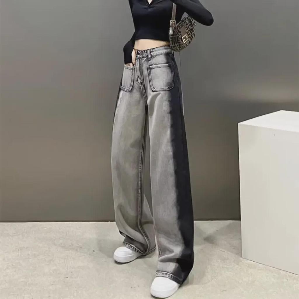 Women's Plus Size High Waist Color Block Wide Leg Jeans - American Design, Loose Fit, Floor-Length, Slimming