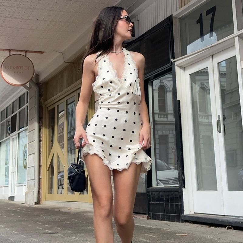 European and American Style 2026 Summer New Fashionable and Sexy Neck Lace Edge Polka Dot High Waist Dress