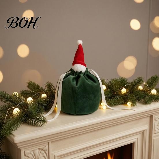 Reusable Xmas Party Favor Bags Christmas Drawstring Gift with Santa Hat, Velvet Goodie Sacks, Festive Candy Apple Treat Pouch for Eve Giving,