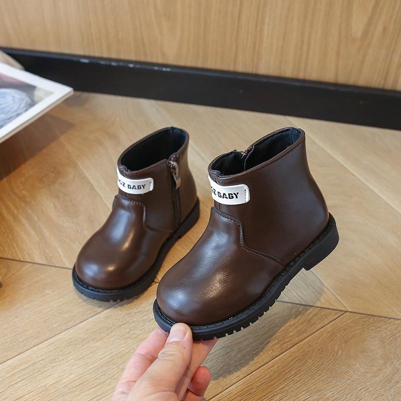 Kids Leather Side Zipper Ankle Boots