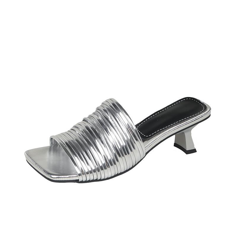 Fashion Square Head Open Toe Thin with Gold Flip-flops Women Wear Summer New High Heels Half Drag Fairy Wind Flip-flops