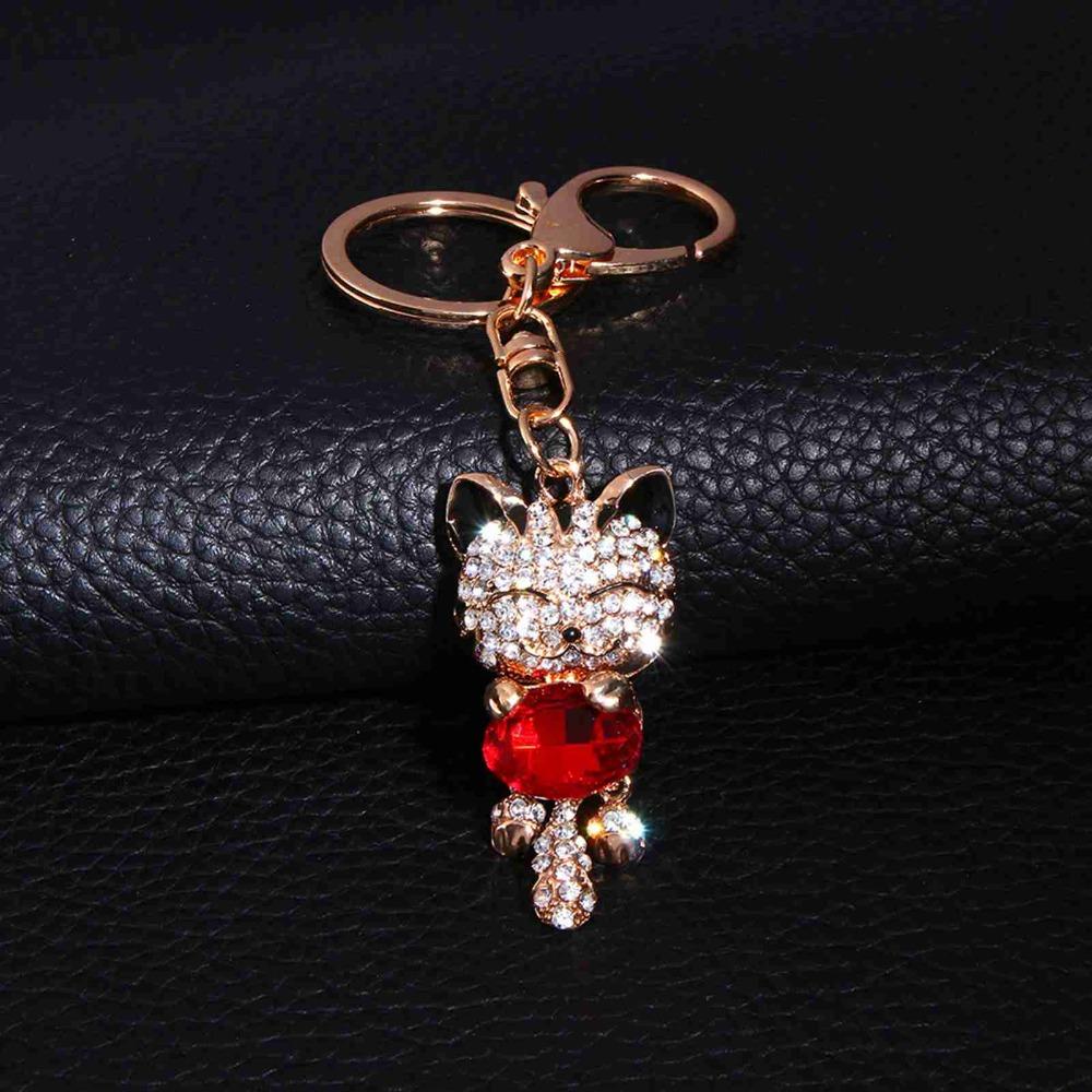 Alloy Rhinestone Key Chain Cat Bling Crystals 3D Rhinestone Keychain Stylish Black Red Charm Pendant Purse Bag Accessory