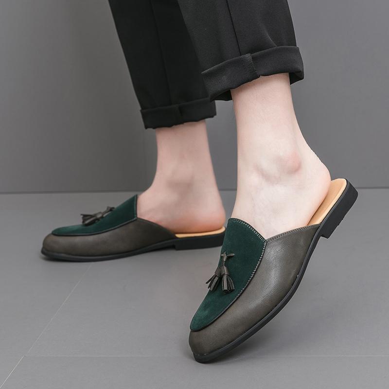 Fashion New Trendy Men's Half Slippers and Leather Shoes Loafers Gentleman Outdoor Party Walking Slipper Slip On Shoes Men Summer