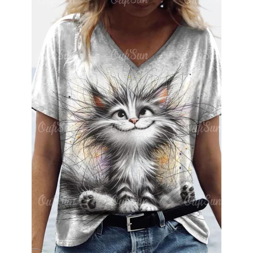V-neck Short Sleeved T-shirt, Fashionable Women's T-shirt, Cat Print Pattern, Summer Oversized Clothing, Women's T-shirt