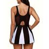 Women's Casual Tankini Set, Plus Size Colorblock Contrast Mesh Cut Out Round Neck Tank Top & Solid Shorts Swimsuit 2 Piece Set