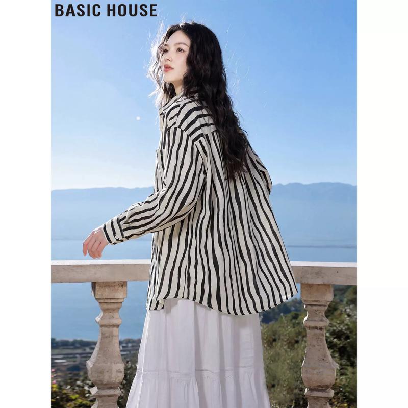 Basic House Women s Striped Ice Silk Sun Protection Long-Sleeve Shirt L