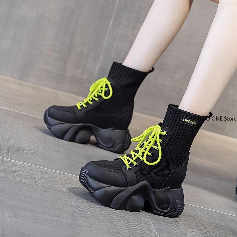 2025 Spring Women Thick Sole Ankle Boots Autumn Casual Boots Women's 7cm High Heels Wedge Boots Shoes Woman Sneakers