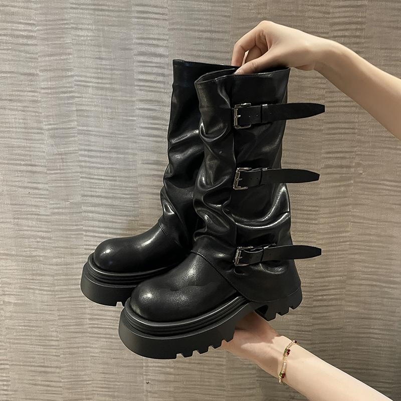Fashion Designer Thick Heel Women Western Cowboy Boots Fashion Ladies Belt Buckle Knight Booties botas de inverno feminina