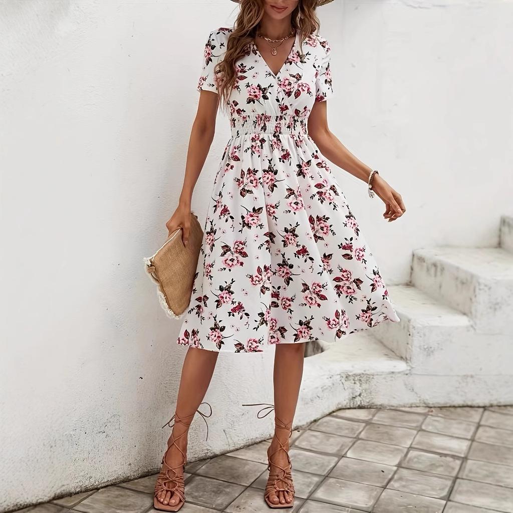 JKASHDK Women's Fashion Summer Spring Flower Pattern Print Short Sleeve V-Neck High Waist Casual Dresses