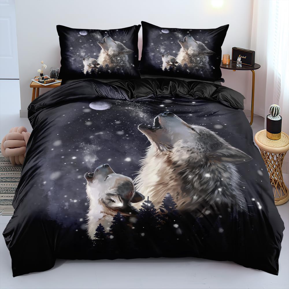 Wolf Soft Duvet Cover Set Quen Sized Dimensions Animal 3D Patern Beding Set for Adult People plus Kid Wild Wolf Jungle Animal Hunting Warm Comforter