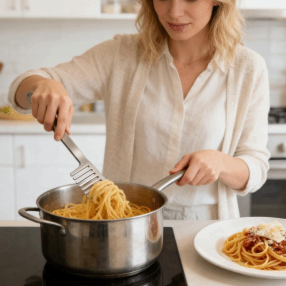 Langer Griff Spaghetti-Serviergabel Edelstahl Nudelrührgabel Lustiger Pasta-Kamm Kochen