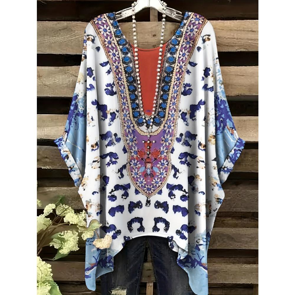 Summer Women's Bohemian Style Print T-Shirt Tops Fashion Striped Flower Graphic T-Shirt Casual Comfort Short Sleeve Y2k Clothes