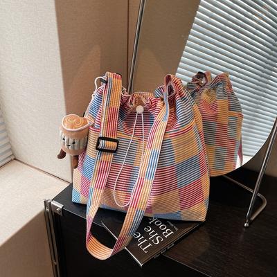 Striped Plaid Bucket Bag Women's Shoulder Bag Color Block Tote Bag