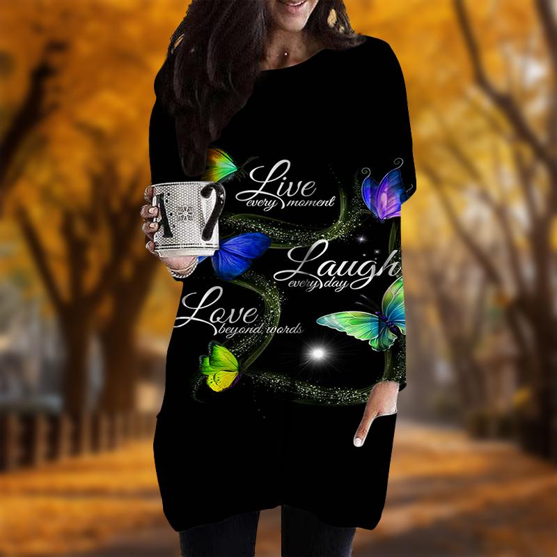 Neu im Herbst Buchstaben Schmetterling Print Übergröße Kleid Damen O-Ausschnitt Lange Ärmel Lässig Taschenkleider