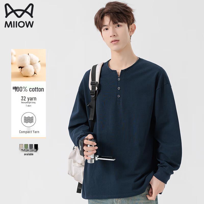MIIOW T-shirt da uomo a maniche lunghe in puro cotone