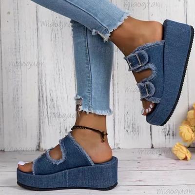 Taille35 43 Sangle en Tissu Denim Boucle Mocassins Chaussons Vêtements d'Extérieur d'Été pour Femmes 2025 Nouvelles Sandales à Plateforme à Semelle Épaisse pour Femmes