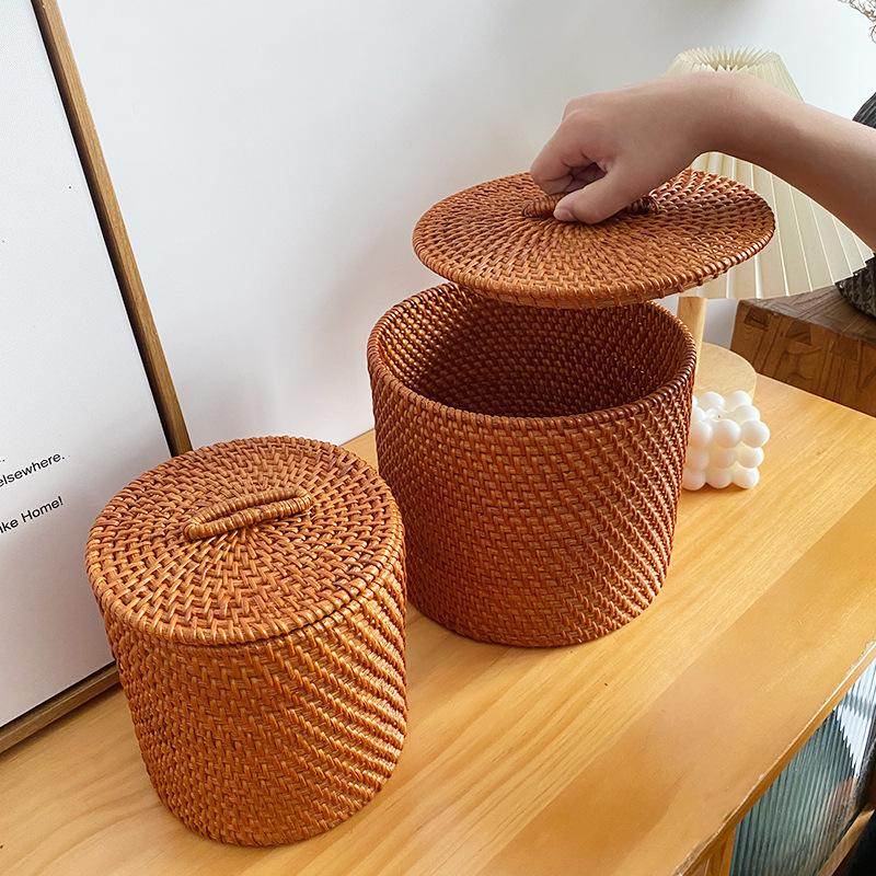 Scatola portaoggetti in rattan Scatole portaoggetti rotonde fatte a mano Stile giapponese Cesto per organizzare generi alimentari domestici Accessori per l'organizzazione