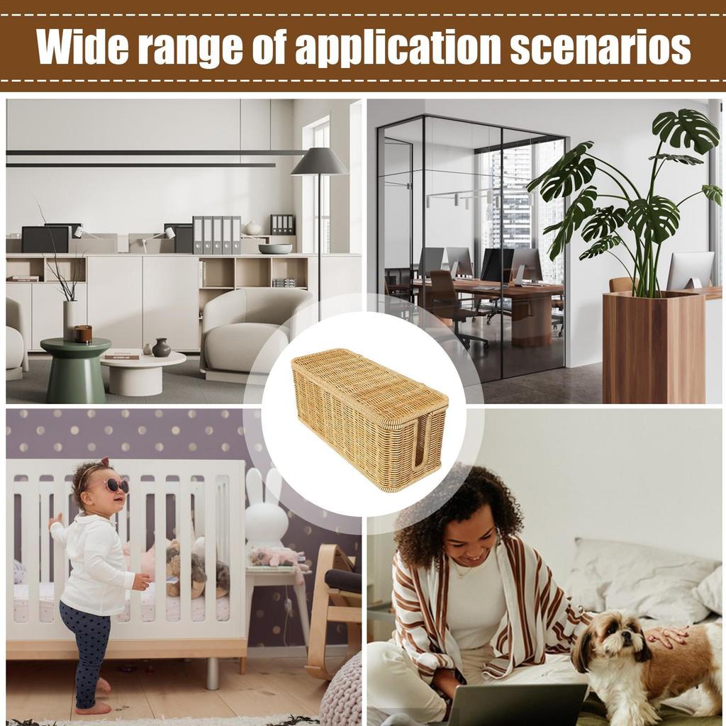Hand-Woven Rattan Cable Organizer Box - Durable Imitation Vine Material, Multi-Compartment Storage for Power Cords, Data Cables
