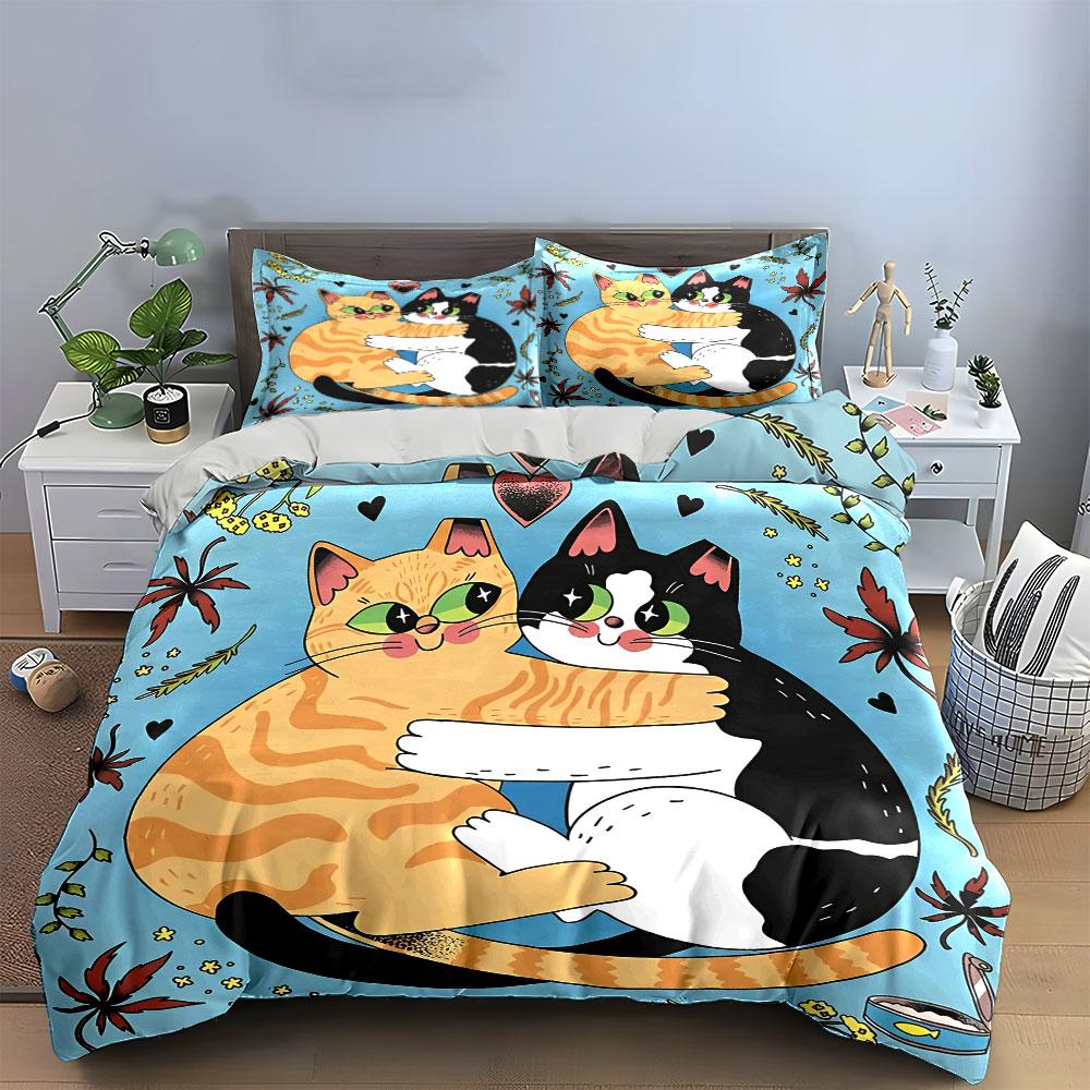 Cute Cats Hugging Floral Design Bedding Duvet Cover Set Duvet Cover Pillowcases (1*Duvet Cover 2*Pillowcases, Without Duvet Insert)