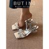 Sheepskin Version~ Fairy Style with Skirt Rhinestone Open-toed Sandals Women's Summer Breathable Silver Thick Heel Crystal High Heels