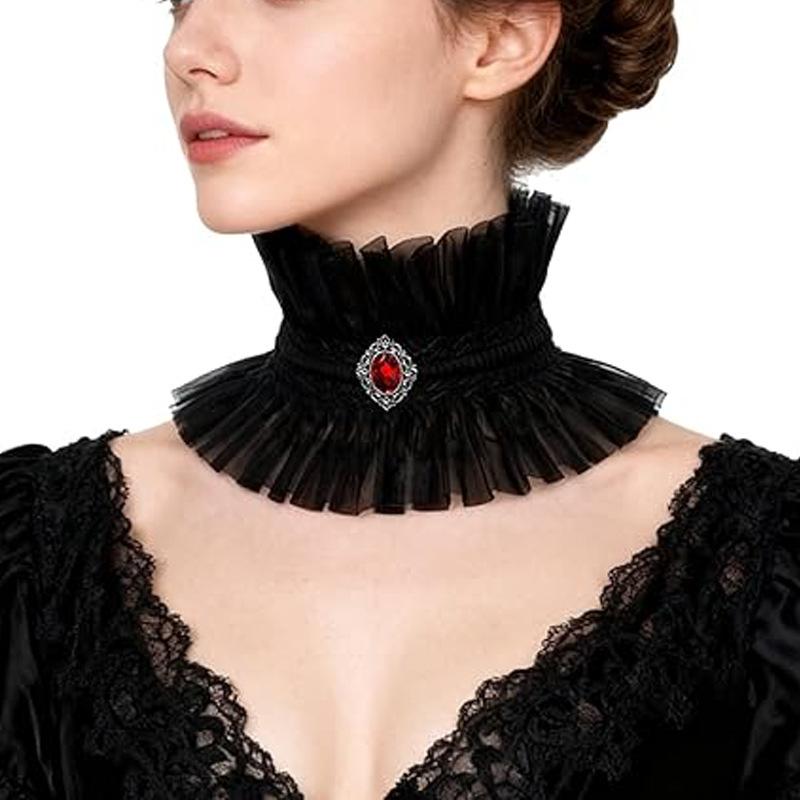 

Neck Jewelry Ruffle Gothic Collar Black White Victorian Style Lace Jabot Collar Gem Decorated Cosplay Collar Costume Parties чёрный