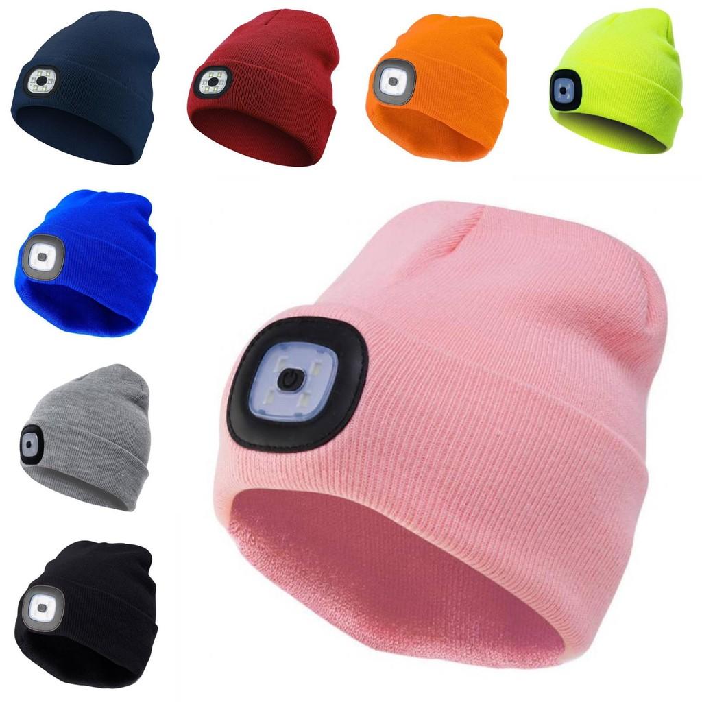 Black Led Knitted Beanie For Outdoor Night Running With Rechargeable Light Feature