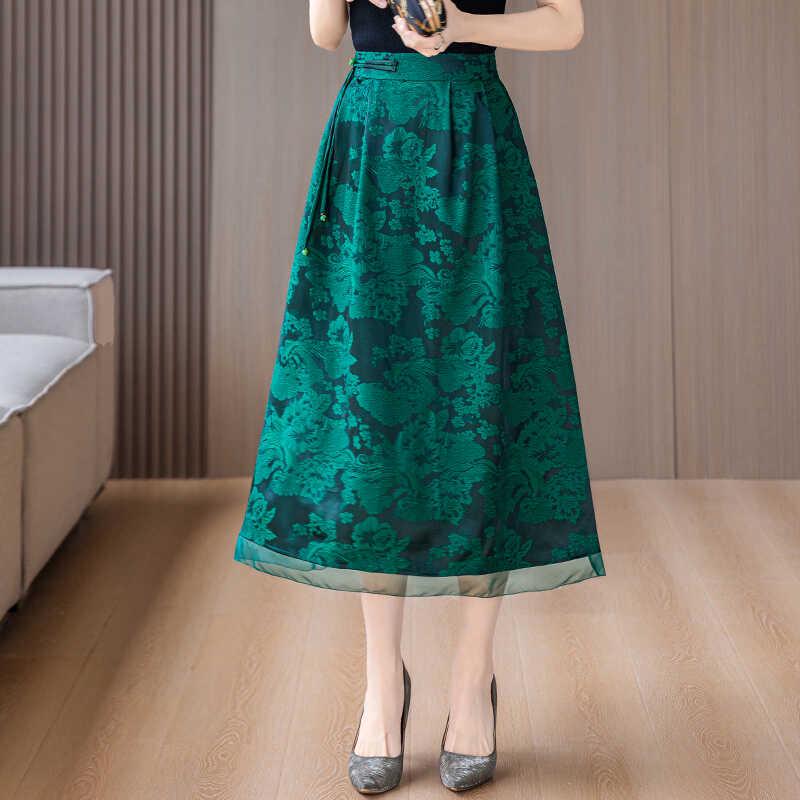 Damen Frühling/Sommer Schwarzer Jacquard A-Linien-Rock: Retro High Waist Schlankmachend für Mütter mittleren Alters