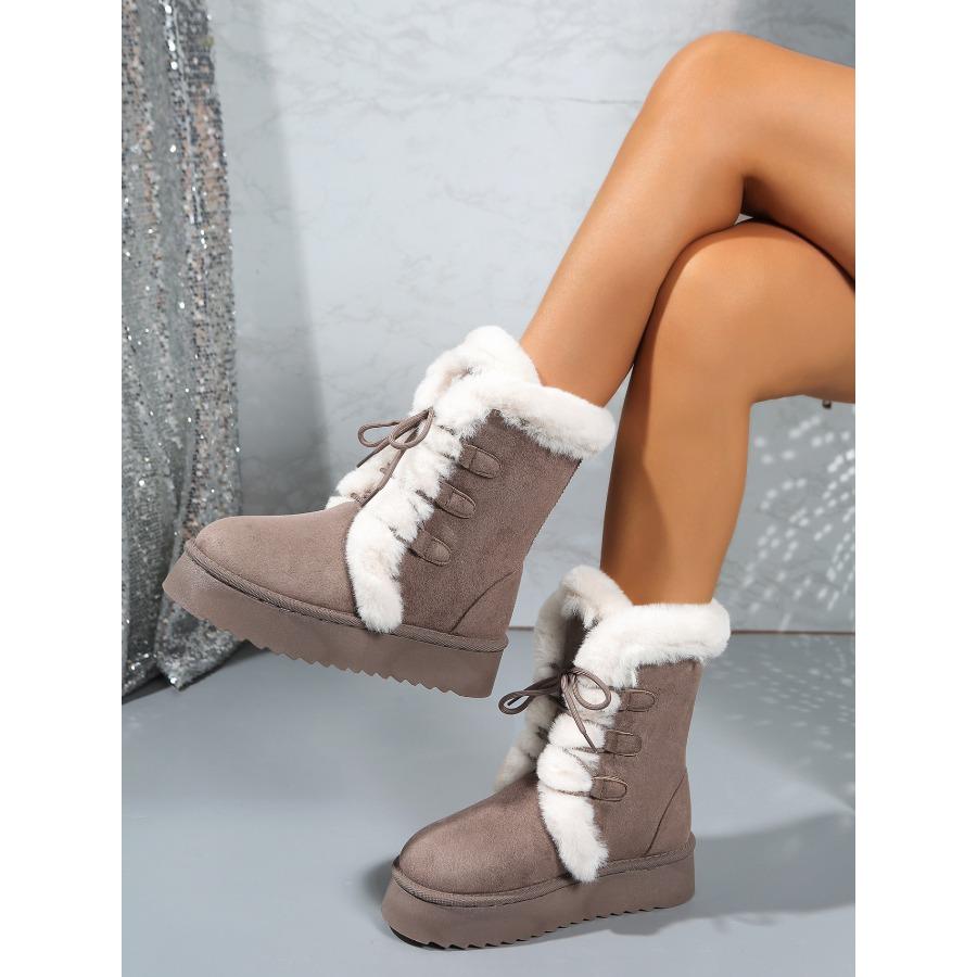 2025 Fall/Winter Women's Snow Boots with Fleece Lining, Thickened Sole, Height-Enhancing Design, Leather & Fur Combination, Cotton-Lined Warm Boots