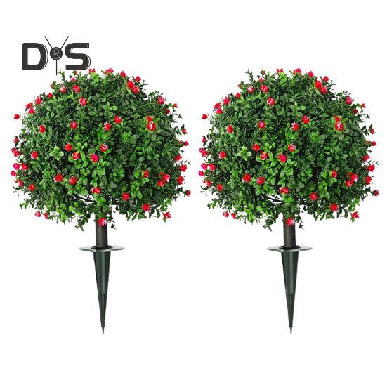 Artificial Camellia Topiary Ball Simulated Topiary Trees with Red Flowers UV Resistant Faux Greenery Shrubs with Ground Spike for Garden Porch Patio