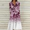 Women's Summer Casual V-Neck Button Vintage Floral Print Three-quarter Sleeve Long Dress With Pockets