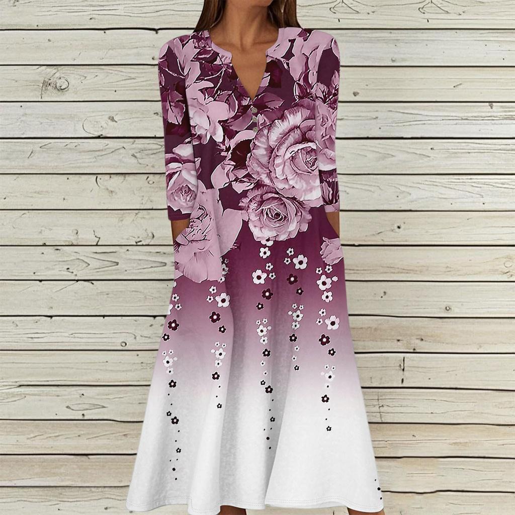 Women's Summer Casual V-Neck Button Vintage Floral Print Three-quarter Sleeve Long Dress With Pockets