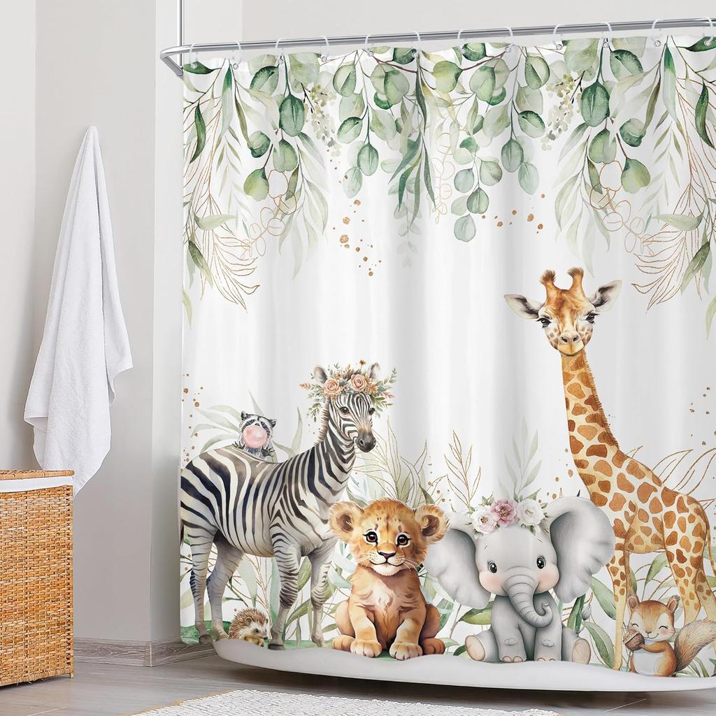 Kids Woodland Animal Eucalyptus Shower Curtain Cute Spring Leaves Fun Cartoon Botanical Wildlife Bathroom Set Boys Girls Nursery