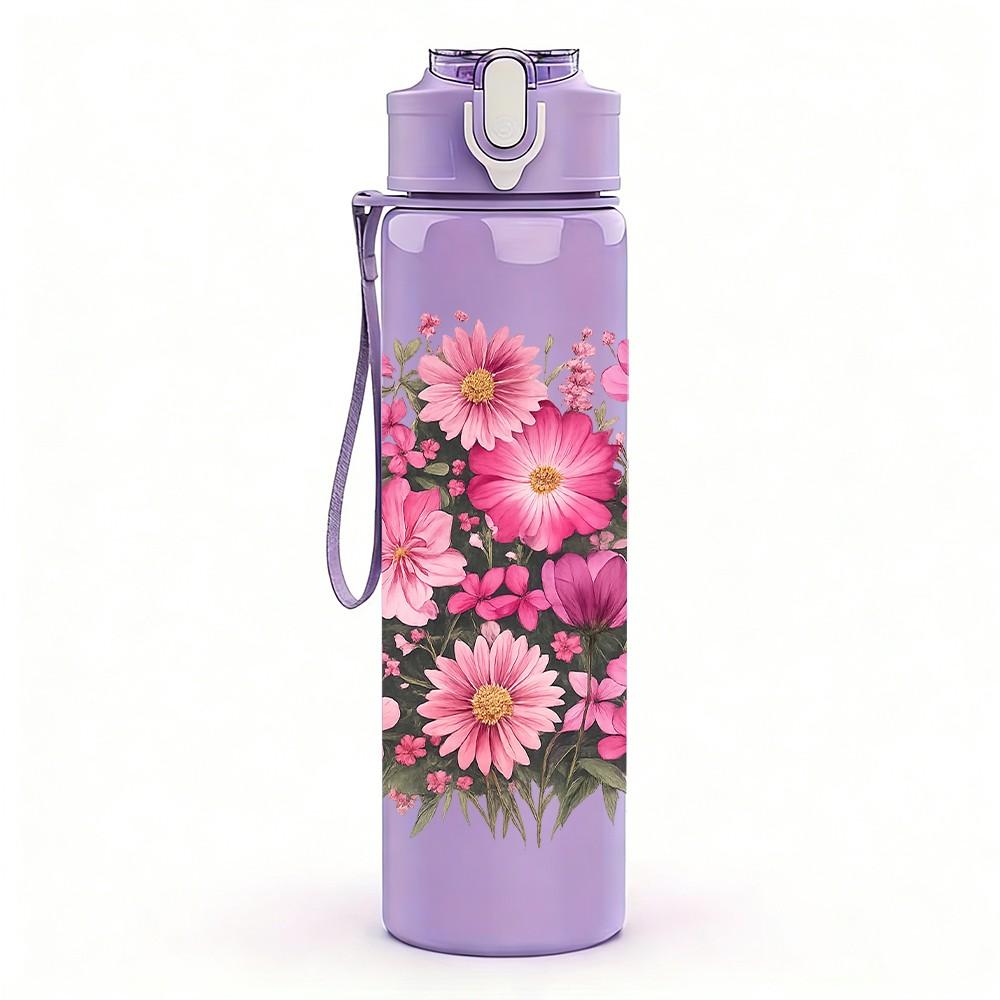 1PC Pink Rose Cluster Flower Bouquet Print 750ml Color Plastic Sports Water Bottle Leakproof Flip Straw Lid Suitable for Sports Office Home Use