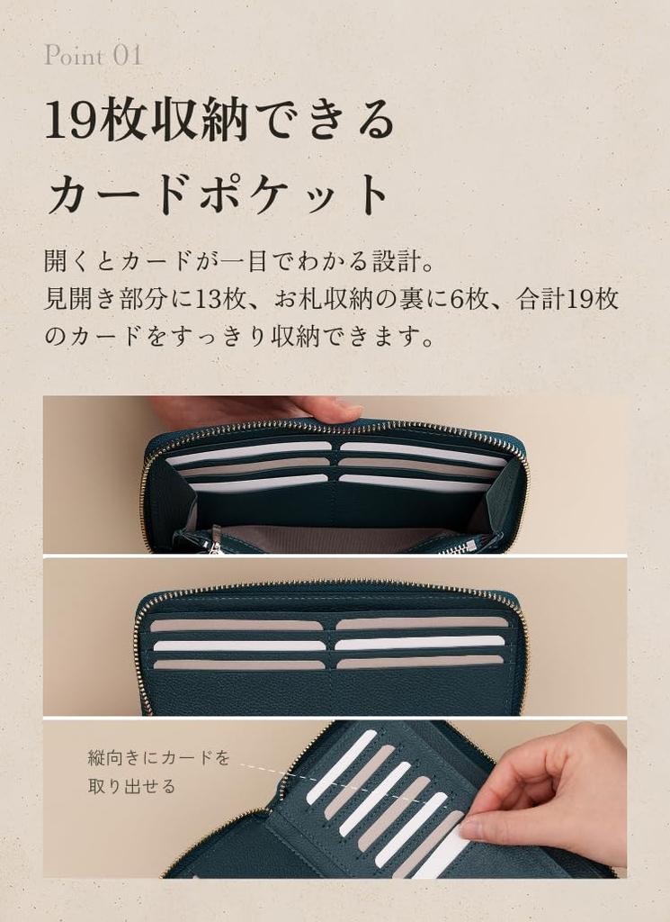 [LIB] Full-Open Zip-Around Long Wallet, Water-Repellent Genuine Cowhide Leather, Unisex, Large Capacity, 21 Pockets, Vertical Card Slots,