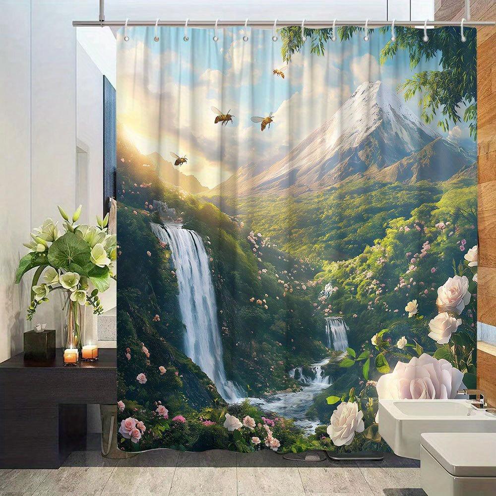 Scenic Shower Curtain - Waterfall & Mountain Theme, Nature Landscape with Sunshine, Polyester Fabric, Bathroom Decor